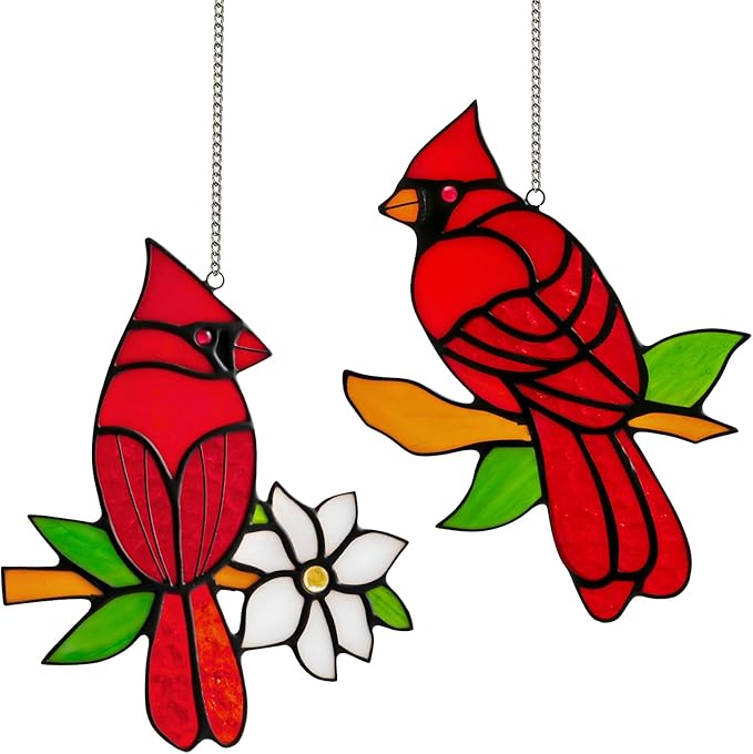 2-Pack Handmade Cardinal Stained Glass Window Hanging Suncatchers – Memorial Gifts for Women, Bird Lover Gifts, Colorful Sun Catcher Window Decor with Suction Hooks, Ready to Gift
