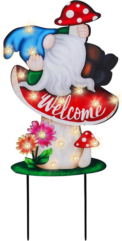 WONDER GARDEN Decorative Garden Stakes - Lighted Mushroom and Gnome Yard Sign Stakes with Flower, Spring Signs for Outdoor, Porch, Yard,Flower Bed Decor