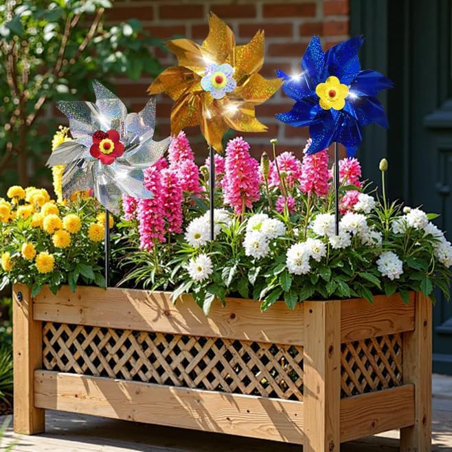Sparkly Reflective Pinwheels with Stakes, Wind Spinners Outdoor Bird Scare Devices, Foil Pin Wheel Holographic Whirl Windmill for Yard Garden Decor Garden Wind Spinner 6 Packs - Blue