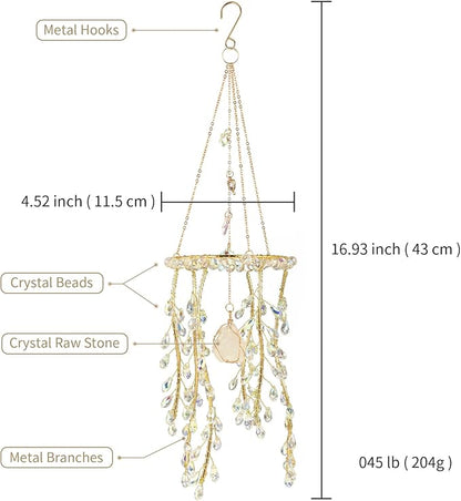 Crystal Hanging Suncatcher with Natural Stone, 16.9 Inch Decorative Wind Chime, Gold Chain & Branch Design (Aurora)