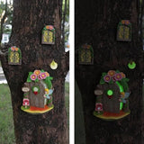 Fairy Door and Windows with Lantern Tree Stump Decor, Glow in The Dark Yard Art Sculpture Miniature Fairy Garden Accessories for Wall, Outdoor Decor