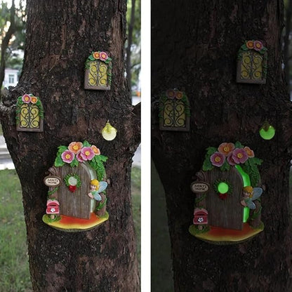Fairy Door and Windows with Lantern Tree Stump Decor, Glow in The Dark Yard Art Sculpture Miniature Fairy Garden Accessories for Wall, Outdoor Decor