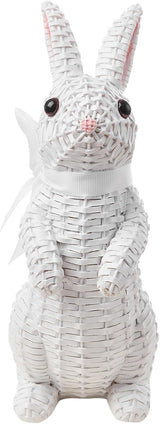 Rattan Rabbit Woven Rabbit Bow Resin Ornaments for Home Courtyard Lawn Tabletop and Easter Decoration to Enhance The Easter Atmosphere Preferred Easter Gifts (8.1in White Station)