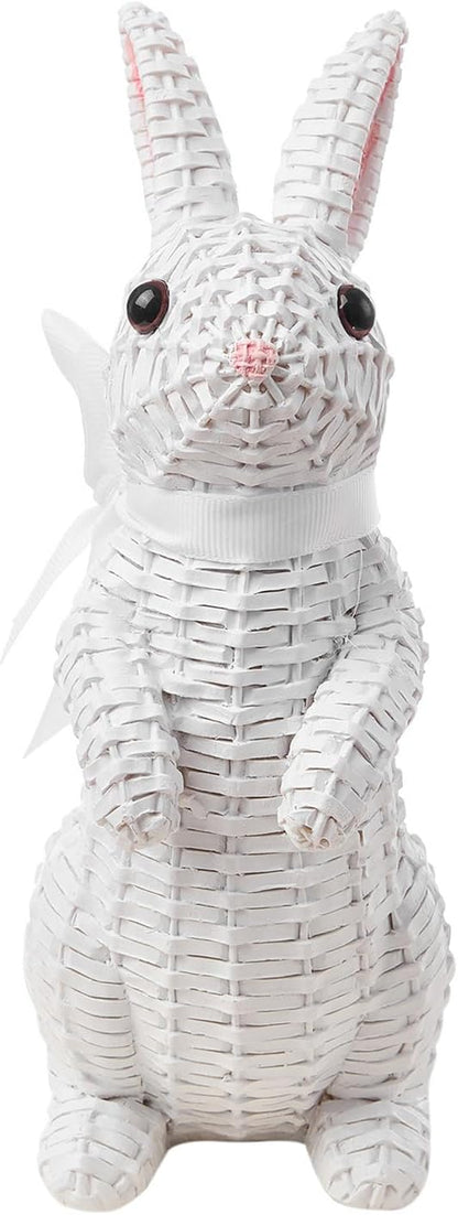 Rattan Rabbit Woven Rabbit Bow Resin Ornaments for Home Courtyard Lawn Tabletop and Easter Decoration to Enhance The Easter Atmosphere Preferred Easter Gifts (8.1in White Station)