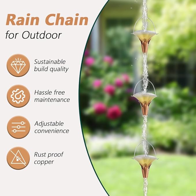 8.5 FT Rain Chain, Metal Rain Gutter Chains with 10 Morning Glory Shaped Cups, Adjustable Metal Rain Catcher Chain for Eaves Drainage, Replacement for Downspout