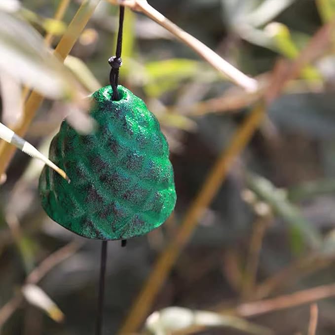Japanese Lucky Pine Cones Small Wind Chimes Outdoor, Iwachu Cast Iron Temple Wind Bell Memorial and Sympathy Wind Chimes for Outside or Indoor Good Luck for Garden, Patio, Balcony(Green Pine Cones)