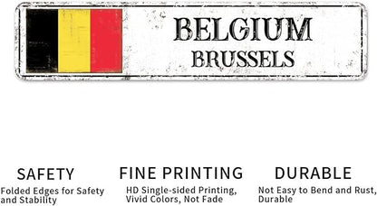 Personalized Belgium Street Sign Belgium Flag Metal Sign Capital City of Belgium Metal Tin Sign Road Wall Art Rustic Country City Indoor & Outdoor Decor for Home Man Cave Door Porch Garden 18x4in