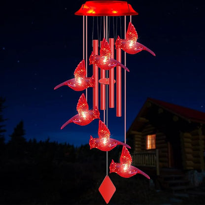 Solar Wind Chimes for Outside - 37" WANQDG 6 LED Cardinal Bird Wind Chime Light with 4 Red Metal Tube, Music Wind Chimes Great as a Gift for Women mom Grandma Best Friends' Birthday Gift
