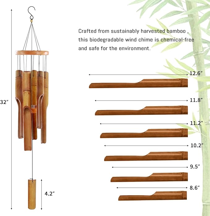 Bamboo Wind Chimes for Outside,Wooden Wind Chimes with Melody Soothing Tone,32" Classic Zen Bamboo Windchime for Porch Patio Garden or Indoor(Dark Brown)(FSC Certified)