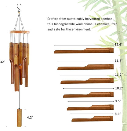 Bamboo Wind Chimes for Outside,Wooden Wind Chimes with Melody Soothing Tone,32" Classic Zen Bamboo Windchime for Porch Patio Garden or Indoor(Dark Brown)(FSC Certified)
