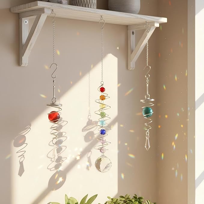 3pc Gazing Ball Spiral Tail Wind Spinner with Crystal Suncatcher Prism Rainbow Maker Hanging Ornament for Window Garden Yard Decorative Indoor Outdoor Home Decor Car Mirror Accessory