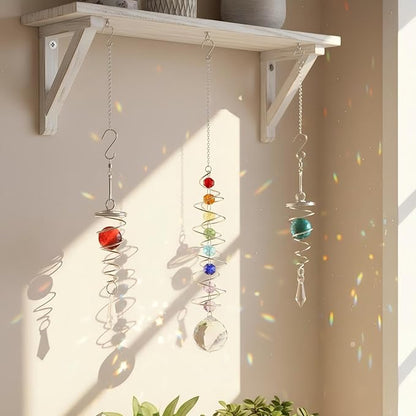 3pc Gazing Ball Spiral Tail Wind Spinner with Crystal Suncatcher Prism Rainbow Maker Hanging Ornament for Window Garden Yard Decorative Indoor Outdoor Home Decor Car Mirror Accessory