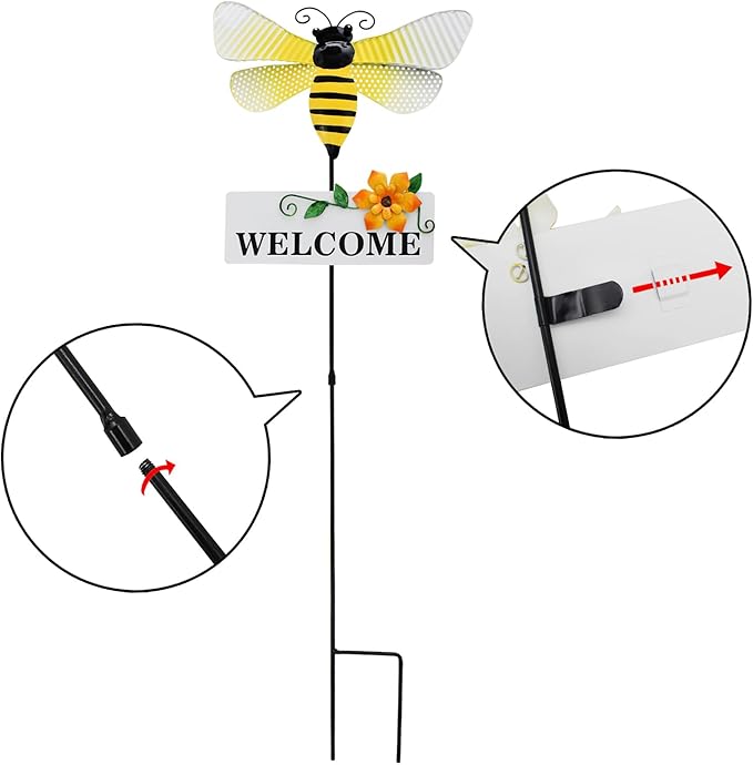 Garden Decor Metal Welcome Yard Stakes Spring Lawn Art Patio Decorative Plant Stake for Flower Pot Pathway Porch Backyard Indoor Outdoor Decoration (Bee)