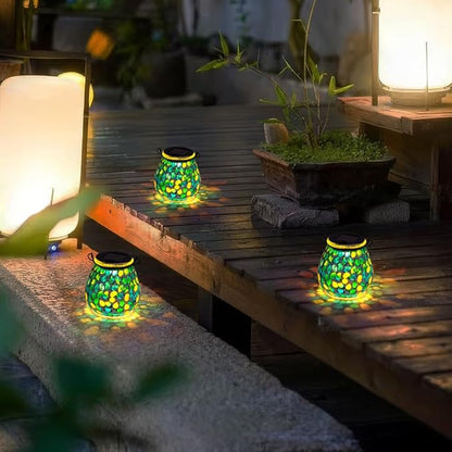 Starsoul 4 Pack Solar Lanterns Outdoor Waterproof, Unique Green Mosaic Glass Solar Garden Lights, Decorative Outdoor Lantern for Outside Patio Pathway Porch Yard Table