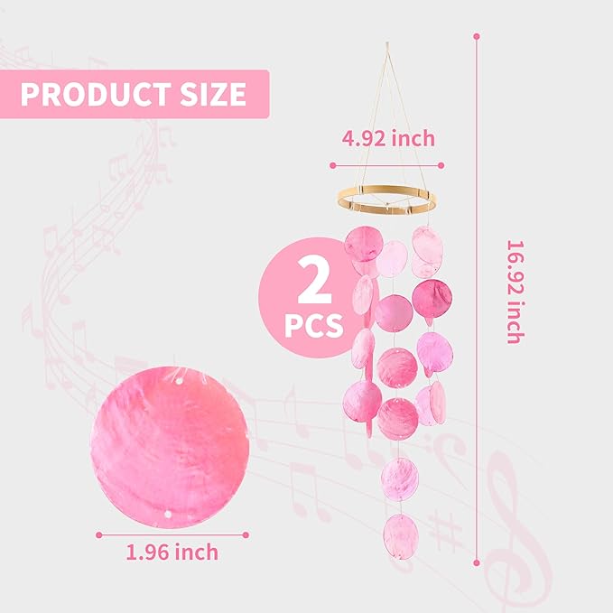 2 Pack Capiz Wind Chimes for Outside, Outdoor Seashell Hanging Beach Coast Ocean Home Decorative, Unique Natural Shell Waterfall Windchimes for Summer Patio, Great Memorial Sympathy Gift（Pink
