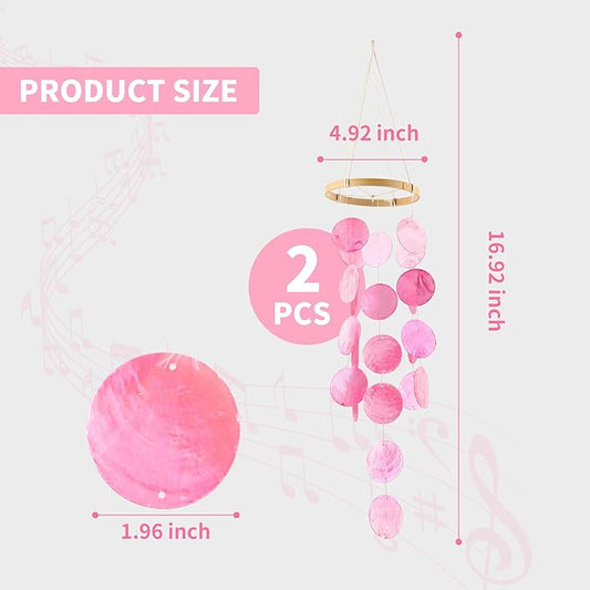 2 Pack Capiz Wind Chimes for Outside, Outdoor Seashell Hanging Beach Coast Ocean Home Decorative, Unique Natural Shell Waterfall Windchimes for Summer Patio, Great Memorial Sympathy Gift（Pink