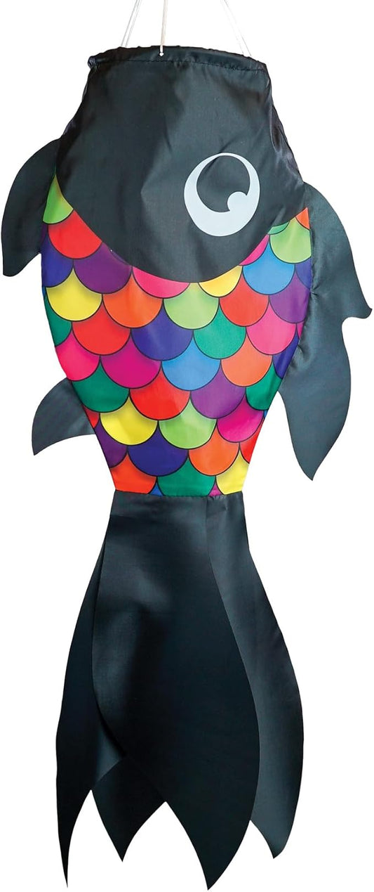 In the Breeze 5225 — 30-inch Black & Rainbow Damsel Fish — Colorful Fishsock Hanging Garden Decor with Detailed Printed Graphics