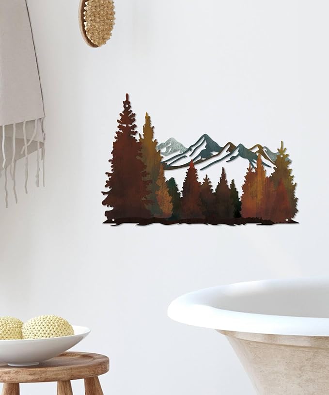 Putuo Decor Mountain Metal Wall Decor, Rustic Mountain Landscape Wall Art, Modern Farmhouse Pine Forest Scene Nature Hanging for Living Room Bedroom Office