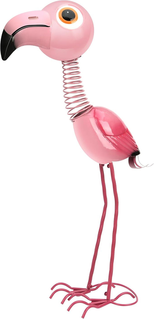 Pink Flamingo Metal Garden Statue, Life Size 35" Cute Spring-Neck Bobble Flamingo with Big Eyes & Long Legs, Adorable Metal Yard Decor for Lawn, Garden or Patio, Rustproof Iron Sculpture