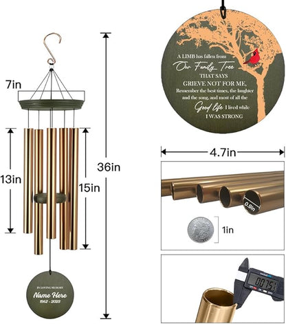 Personalized Sympathy Wind Chimes 36inch, Custom Memory Words for Loss of Loved, Cardinal Commemorative Sympathy Gifts, Decorative Wind Chime Outdoor (Produced in USA)