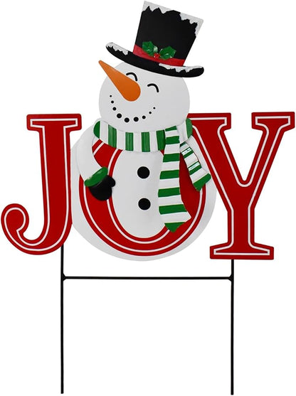 Morning View Christmas Snowman Joy Yard Stakes Sign Metal Joy Garden Stake Decorations Outdoor Lawn Ornaments Xmas Yard Stake Holiday Winter Wall Decor for Patio Pathway Outside Red 25.2 Inches Tall
