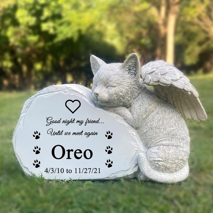 Personalized Pet Cat Memorial Stone with A Sleeping Cat Angel Statue, Cat Grave Markers Headstone Tombstone for Outdoor Garden, One Size, Full Color