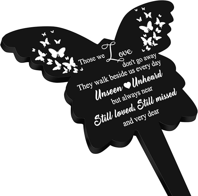 Roowest Butterfly Grave Decorations for Cemetery, Those We Love Don't Go Away Memorial Butterfly Garden Stake, Grave Markers for Humans Black Sympathy Garden Stake for Outdoors Yard Decor