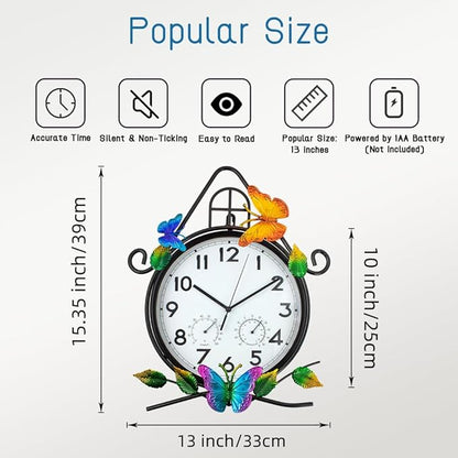 15'' Large Outdoor Clock, Wall Clock with Thermometer & Humidity Silent No-Ticking Outdoor Clocks Waterproof for Patio, Living Room, Kitchen