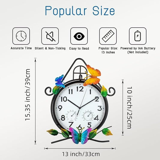 15'' Large Outdoor Clock, Wall Clock with Thermometer & Humidity Silent No-Ticking Outdoor Clocks Waterproof for Patio, Living Room, Kitchen