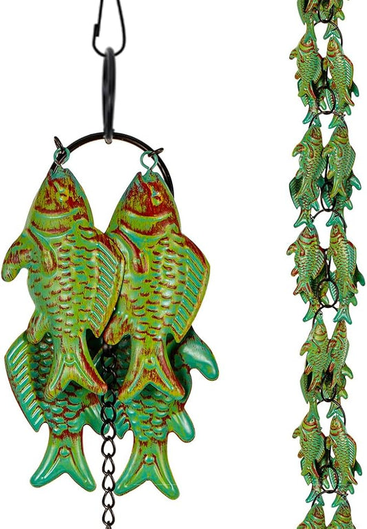 7.4ft Rain Chains for Gutters, Fish-Shaped Rain Chain with 12-Piece, Adjustable Rain Catcher Chain with Bell, Replacement Downspout for Gutters, Eaves, and Drainage