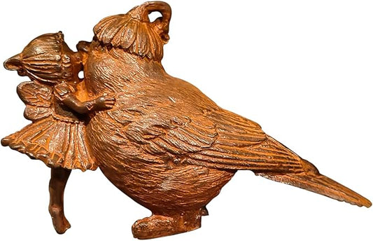 Cast Iron Fairy & Bird Garden Statue – Vintage Rustic Outdoor Decor, Heavy-Duty Metal Figurine for Patio Lawn Porch Flower Beds & Home Accents, Weather-Resistant Yard Ornament (Rustic-A)