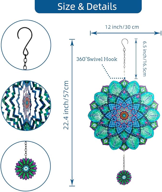 DREAMYSOUL Peacock Hanging Wind Spinners 12 Inch Laser Cut Stainless Steel Wind Spinners for Yard and Garden 3D Outdoor Wind Spinner Peacock Decor Ornaments