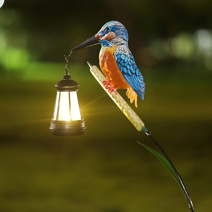 Solar Kingfisher Statue for Outdoor Garden Decor, 6.1 Inch Outside Metal Bird Craft Ornaments with Solar Lantern for Garden, Patio, Yard, Lawn -Birthday Gifts for Women Mom Grandma