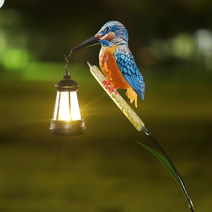 Solar Kingfisher Statue for Outdoor Garden Decor, 6.1 Inch Outside Metal Bird Craft Ornaments with Solar Lantern for Garden, Patio, Yard, Lawn -Birthday Gifts for Women Mom Grandma