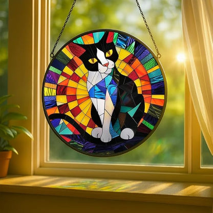 Stained Glass Window Hanging - Tuxedo Cat Rainbow Pattern 11.8in Sun Catchers Indoor Stained Glass Panels Wall Decor for Mom Wife Lovers Festive