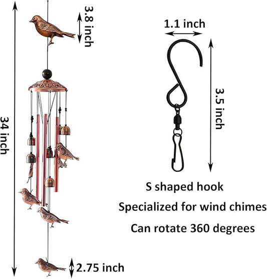 Maydahui Bird Retro Metal Wind Chime (34 Inch H) Memorial Wind Bell Animal Windchime with S Shaped Hook for Indoor and Outdoor Decor Festival Garden Party