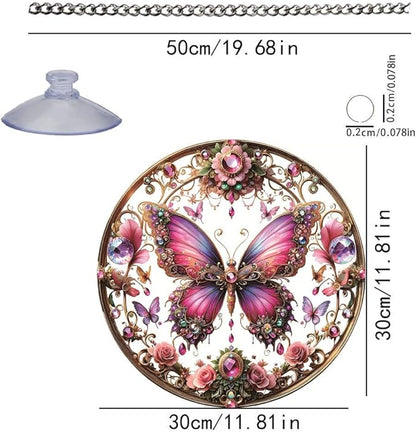 Butterfly Stained Window Hangings with Chain – Pink Floral Acrylic Ornament for Garden, Patio and Indoor Decor, Housewarming Gift for Mom, Grandma