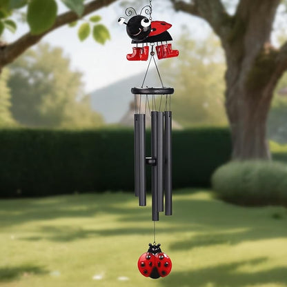 Ladybug Wind Chimes for Outside Metal Cute Beetle with Spinning Feet, Black Aluminum Tubes, Garden Yard Hanging Decor Wind Chimes, for Women, Men, Kids and Nature Lovers