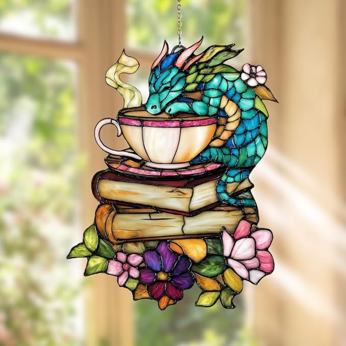 Book Dragon Handmade Artisan Resin Sun Catcher, Book Suncatchers for Window Hanging, Bookish Gifts for Readers Book Lovers Bookworm, Gift for Mother's Day, Women, Mom, Wife, Grandma