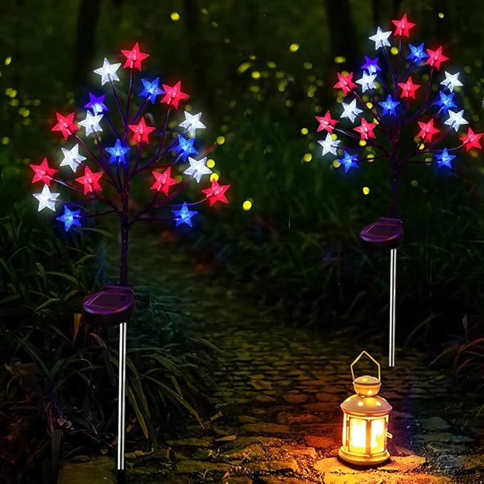 2 Packs Solar 4th of July Decorations Star Stake Lights, Waterproof Outdoor Red White and Blue Star Lights, 20LEDs with 3D Shaped Crystal Star Lights for Yard Garden Pathway Decorations
