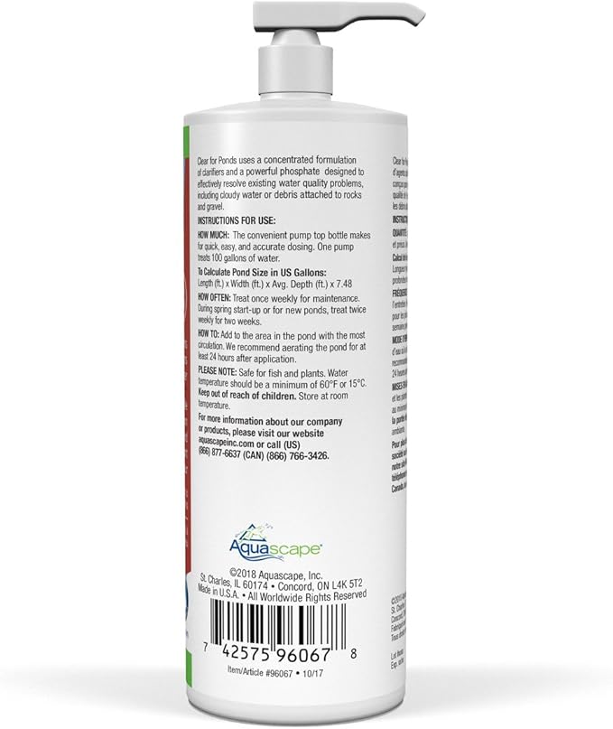 Aquascape CLEAR Water Treatment for Koi and Fish Ponds, Blend of Clarifiers to Clear Cloudy or Discolored Water and Reduce Debris, 32 ounce / 946-ml | 96067