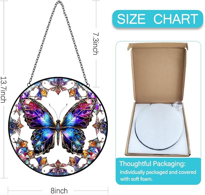 Butterfly Suncatcher Stained Glass Window Hanging - 8″ Handmade Colorful Rainbow Suncatchers for Windows Hanging - Sun Catchers Wall Decor Glass Panel - Christmas Birthday Gifts for Women Men Mom