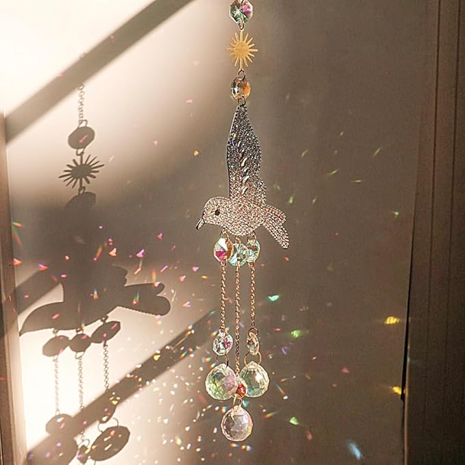Hummingbird Suncatcher for Window Hanging - Rhinestones Bird with Crystal Prisms Rainbow Maker Pendant for Patio Hallway Indoor Home Decor.