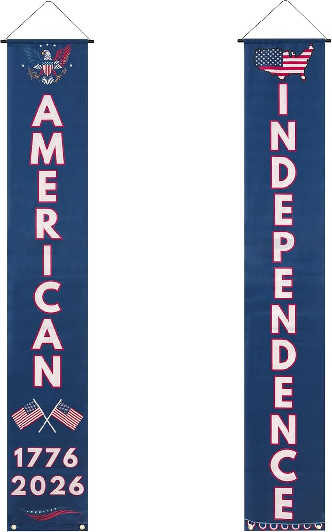 250th Independence Anniversary Banner Set, Vertical Patriotic Hanging Banners, Red White Blue, Polyester, 30 x 180cm, 4th of July Decorations, Wall Porch Door Decor, 1776-2026