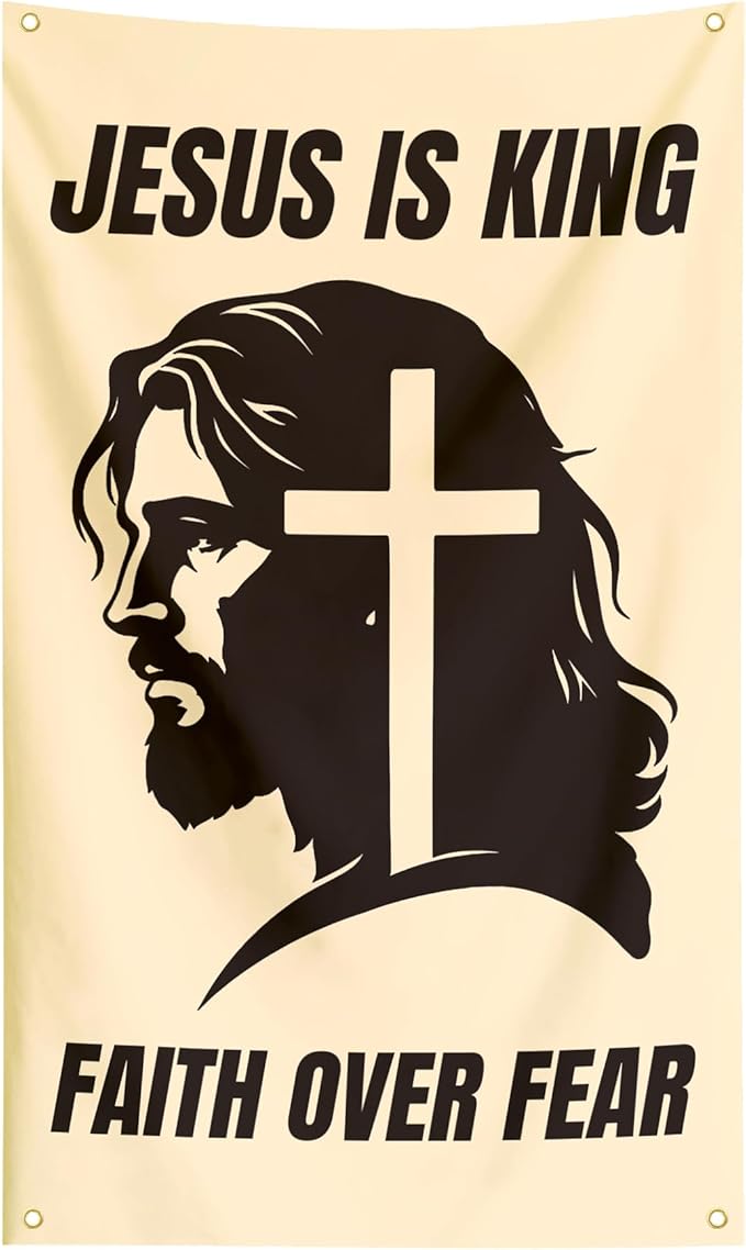Jesus Is King Faith Over Fear Cool Inspirational Flags Motivational Religious Christian Flags Banner 3x5 FT Room Guys Girls College Dorm Bedroom Church Wall Hangings Beige