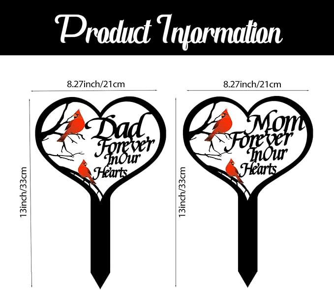 OZIO Memorial Grave Markers for Cemetery, Heart Memorial Plaque Stake Cardinals Garden Stake Memorial Metal Grave Stake Decoration for Mom Dad Cemetery Outdoors Yard Garden