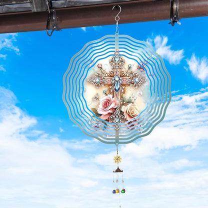 Cross Flower Wind Spinner, Metal Wind Spinners Outdoor/Indoor, God Cross Hanging Garden Decor for Outside, Stainless Wind Spinners for Yard and Garden 10 inch 3D (25.76X25 CM)
