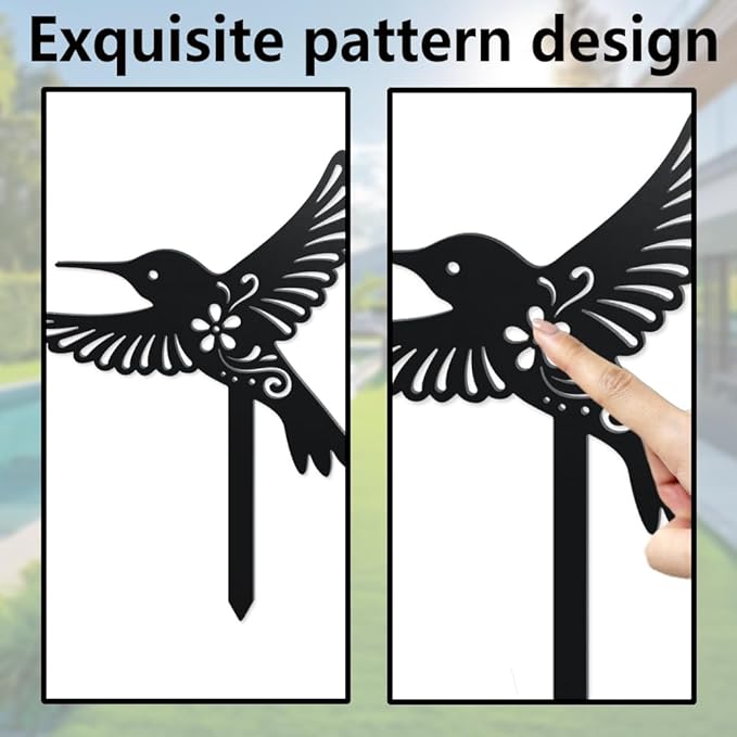 WADORN 3 Styles Hummingbirds Metal Decorative Garden Stakes, Funny Hummingbirds Flowers Metal Silhouette Statues Animal Garden Ornament Gifts Black Yard Art Decoration for Outdoor Backyard Patio Lawn