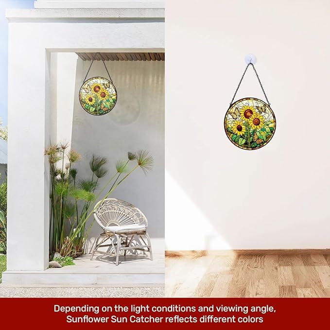 GENANY Sunflowers Glass Window Hanging, Spring Sun Catcher with Metal Chain and Hook, Romantic Gifts for Women Friends Family, Garden Decor, Housewarming Gifts, Outdoor Decor