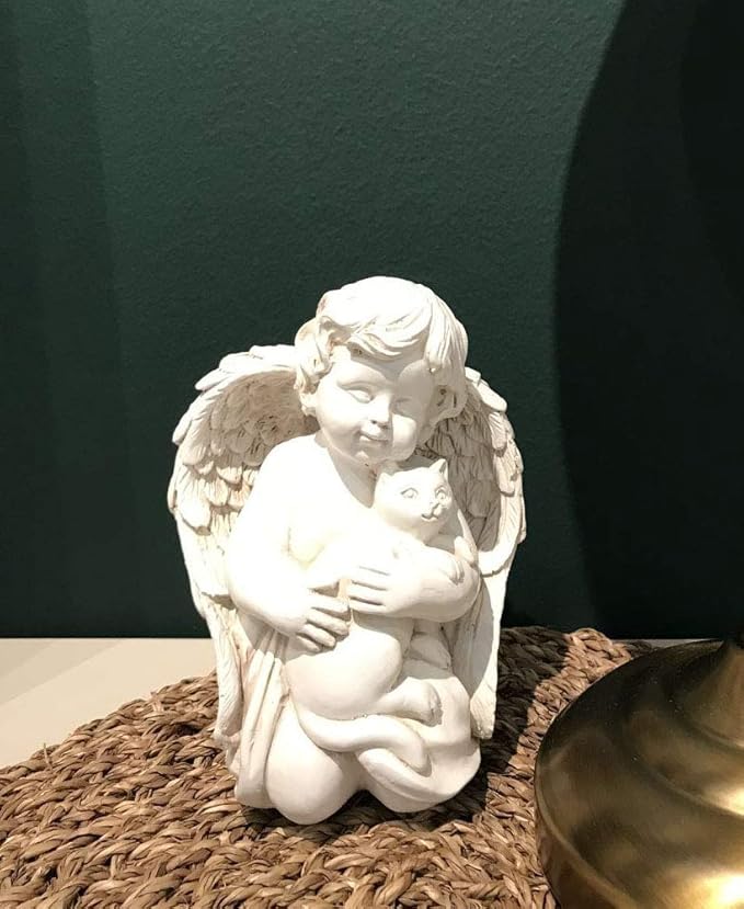 7" Resin Angel with Cat Statue, Pet Cat Memorial Sculpture, Indoor/Outdoor, White